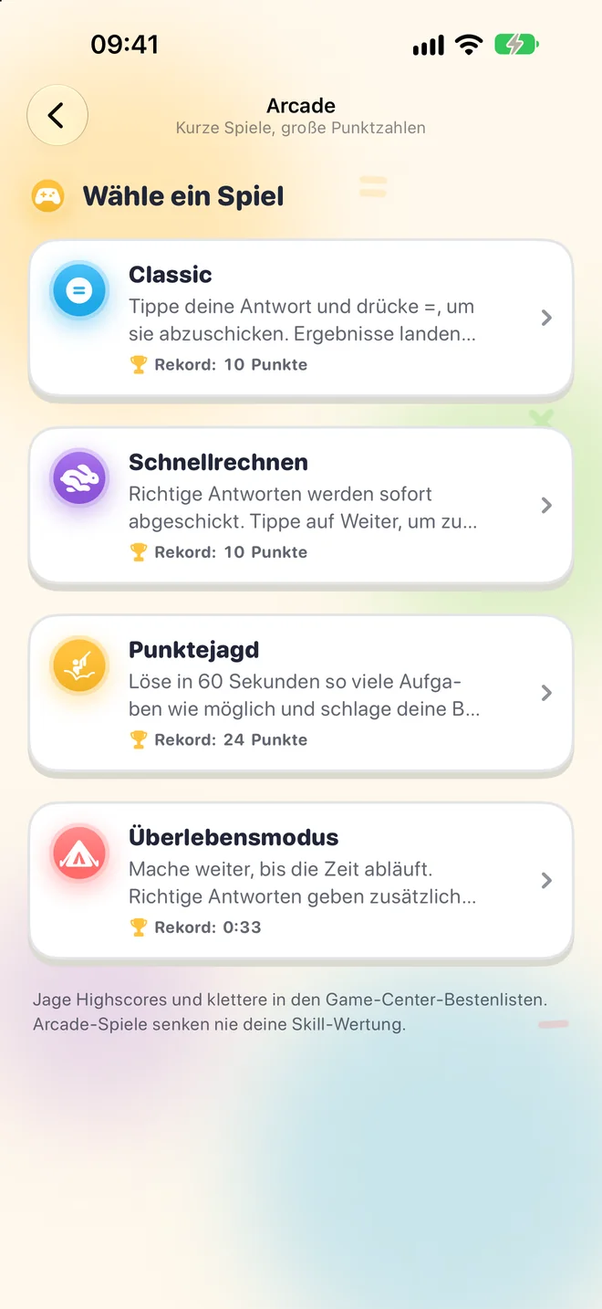 Die Arcade-Liste mit Classic, Schnellrechnen, Punktejagd und Überlebensmodus und ihren Bestleistungen.