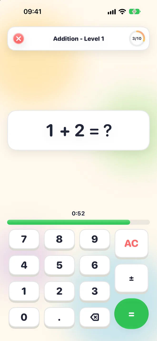 Die Bootcamp-Übung: Addition, Level 1, die Aufgabe 1 + 2 und das Zahlenfeld.