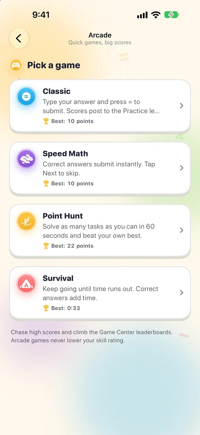 La lista del Arcade con Classic, Speed Math, Point Hunt y Survival y sus récords personales.